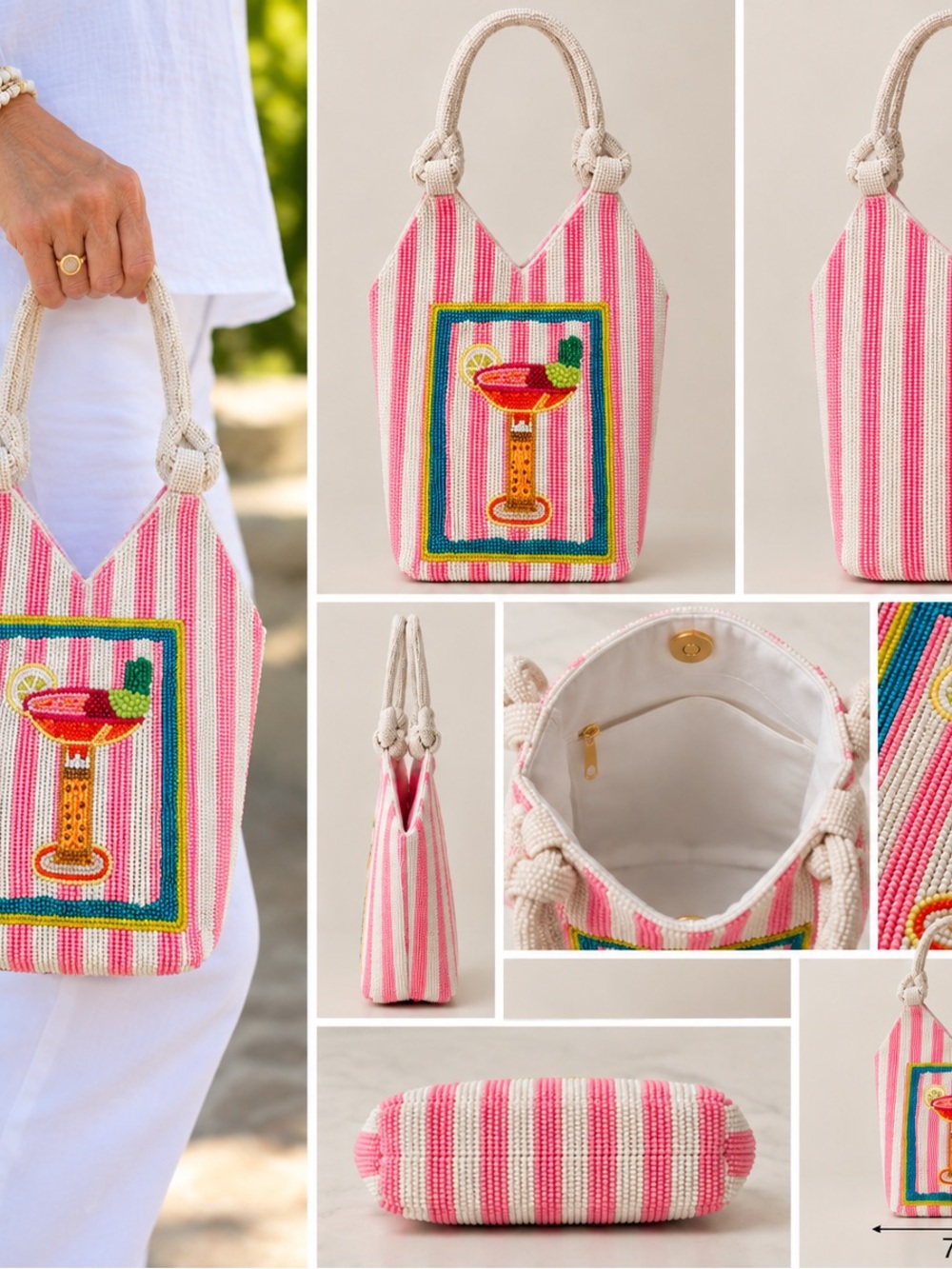 Pink Striped Mini Tote with Beaded Cocktail Motif
